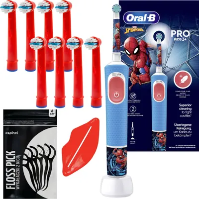 A collection of Oral-B Spiderman themed electric toothbrush accessories and packaging.