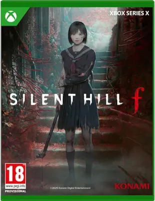 The image is a video game cover art for Silent Hill f on Xbox Series X. It features a young woman in a school uniform holding a weapon, standing on a staircase in a dark, eerie environment.