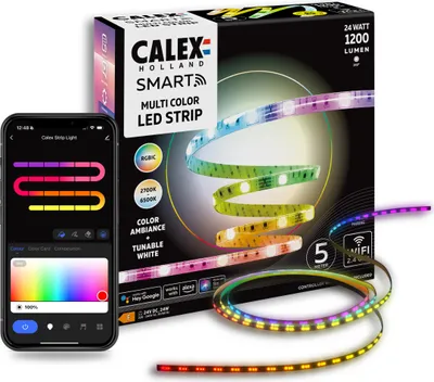 Obrázek produktu pro Calex Smart LED pásek, 5 m, barvy RGBIC, flexibilní a střihatelný, stmívatelný, aplikace WLAN a hlasové ovládání, včetně dálkového ovládání