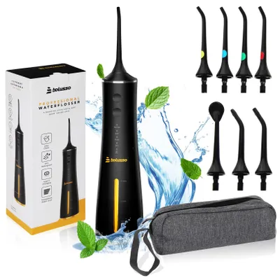 Image de Bolusso Water Flosser - 7 embouts inclus - Sac de voyage - E-Book - Entièrement réglable - Bain de bouche - Nettoyeur de langue - Soins buccaux - Élimination de la plaque dentaire - Nettoyeur de brackets - Élimination du tartre - Appareil à fil dentaire - NOUVEAU modèle