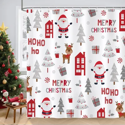 Immagine prodotto di Tenda da doccia impermeabile, 180 x 180 cm, con motivo natalizio, 12 ganci, per il bagno