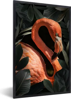 Produktbild von MuchoWow® MuchoWow® Gerahmtes Poster Flamingo - Porträt - Blätter 40x60 cm - Poster mit zchwarzem Bilderrahmen - Papierdruck - Wandbilder