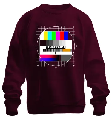 Immagine prodotto di Maglietta unisex a maniche lunghe, stile vintage, con immagine di un televisore degli anni '80 o '90 che mostra un segnale di test o un'immagine statica