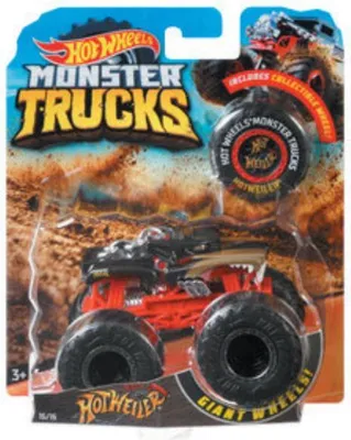 A Hot Wheels Monster Truck toy in its retail packaging, with a dirt-themed background.
