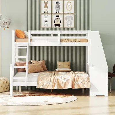 Produktbild von okwish Etagenbett 90*200cm/140*200cm mit Tisch, großer Stauraum, hohes Geländer, Weiß