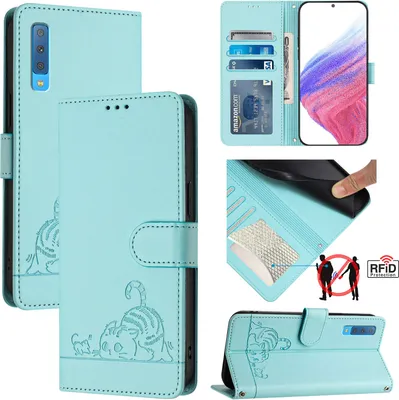 Produktbild von Leder Hülle für Samsung Galaxy A7 2018 Süße Katze Flip Case Brieftasche Schutzhülle mit Standfunktion hellgrün