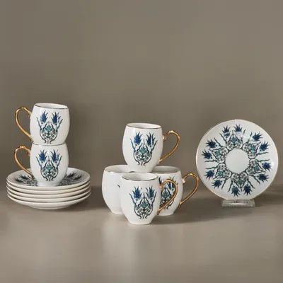 Kaffeeservice 12-tlg. für 6 Personen, Porzellan, türkisches Design, Blumenmuster