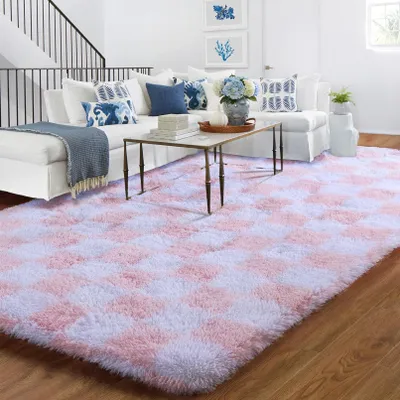 Obrázek produktu pro Omgoods - Koberec s geometrickým vzorem, růžový a bílý, 120x180 cm - Hustý, měkký a pratelný
