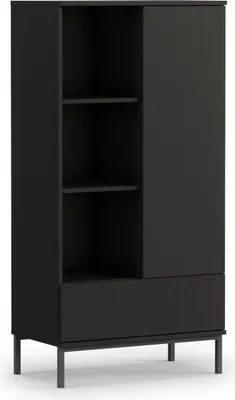 A black bookshelf with open shelves on the left and a closed cabinet door on the right, standing on thin metal legs.