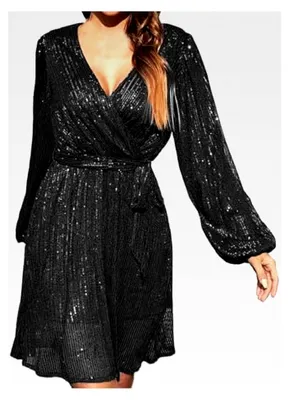 Produktbild von Elegantes Partykleid für Damen mit Pailletten, Rundhalsausschnitt, einfarbig, Laternenärmeln, kurz, Langarm, Glitzer, Minikleid für Herbst und Winter, warm, lockeres Freizeitkleid, Tunikakleid, Blusenkleid
