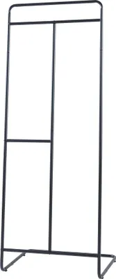 A black metal coat rack on a white background.