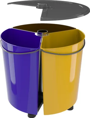 A three-compartment recycling bin with a lid shown separately above.