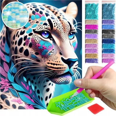 Produktbild von ARTULIO - Diamond Painting Set - Leopard mit floralen Akzenten - 40 x 30 cm - AB Steine, AB Diamant - Bilder DIY, Crystal Art, Komplettset Mosaik + Zubehör