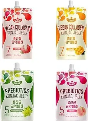 Produktbild von 4 x Vegan Collagen Konjac Jelly（Pfirsich, Mango, Grüne Traube, Traube) 7 kcal pro Beutel | Glutenfrei, Pflanzlich, Low-Carb Snack | 120 g / 130 ml pro Beutel | Ohne Zuckerzusatz