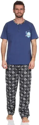 Produktbild von Herren Pyjama Baumwolle Schlafhose und Shirt kurz-arm Schlafanzug; Blau M