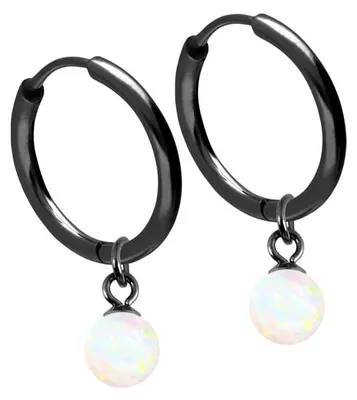 Produktbild von Chirurgenstahl Ohrclicker Creolen SYNTHETISCHER OPAL Farbe: Schwarz + Opal: Weiß Innendurchmesser: 12 mm