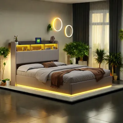 Produktbild von UnboxG Polsterbett 160x200cm mit USBund Steckdosen, Jugendbett Doppelbett mit Lattenrost und Stauraum, Stauraumbett mit LED