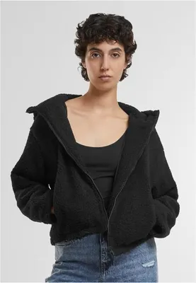Productafbeelding van Damesjas Urban Classics, korte hooded sherpa jas, zwart - maat M. Jas met imitatiebont