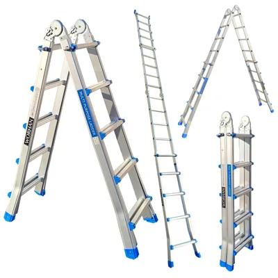 A collage of a multi-purpose telescopic ladder shown in various configurations against a white background.