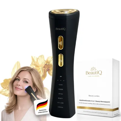 Produktbild von Gesichtsmassagegerät Lumèra - 6 Funktionen in 1 Gerät gegen alternde Haut, EMS & Radiofrequenz, Anti-Aging, Echtgoldaufsatz für Wärme-/Kälteleitung, KI-generiertes Bild