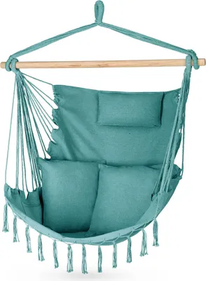 Produktbild von Outtec® Závesné kreslo s 3 vankúšmi - 100x130x75cm, do 140 kg - Boho kreslo s strapcami, beanbag, hojdačka pre exteriér, záhradu, balkón, domácnosť - zelené