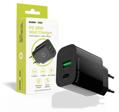 Obrázok produktu pre Mobilná nabíjačka do zásuvky Origin Pd20W Mo12, čierna, 1 port USB-A + 1 port USB-C