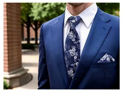 Produktbild von Marineblau Silber Weiße Blumen Herren Krawatten Set Seidenoptik