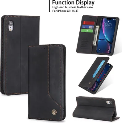 Image de Étui rétro en cuirPolyuréthanepour iPhone XR étui design avec porte-cartes et support noir