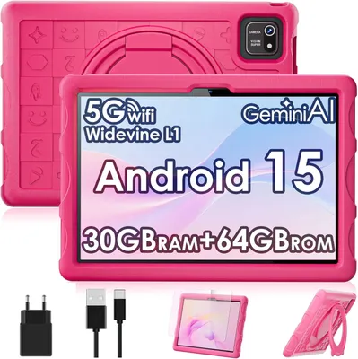 Produktbild von ZENTALITY Kinder Tablet 10 Zoll Android 15 mit 30GB RAM + 64GB ROM(2TB), 5G WLAN 6, Widevine L1, Elterliche Kontrolle, 8-Core, 8000 mAh, Kids Tablet mit Kinder Hülle Eva + 360° Drehbarer Ständer, Rot