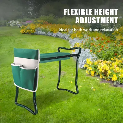 Obrázek produktu pro Zahradní lavice s opěrkou na kolena a sedákem – skládací zahradní lavice – kovová – silné polstrování – nosnost 150 kg – 60×27 cm – zelená