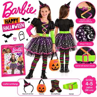Produktbild von Barbie Halloween Hexenkostüm Mädchen 4–5 Jahre 98 cm – Kostüm Hexe mit Kleid, Hut, Strumpfhose, Tasche & Gürtel – Karneval Fasching Party Show