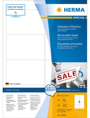 Zdjęcie produktu dla HERMA 10308, Biały, Zaokrąglony prostokąt, Wyjmowana, Papier, Matowy, Laser/Atrament