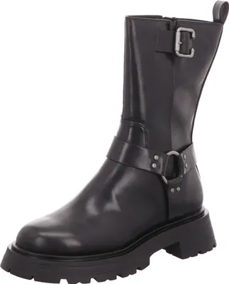 A black leather boot with a thick sole and buckle detail.