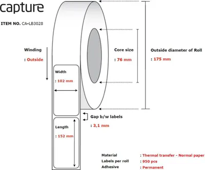 Produktbild von Capture CA-LB3028, Weiß, Rolle, Wärmeübertragung, Permanent, -10 - 40 °C, 17,5 cm
