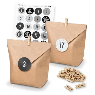 Produktbild von Adventskalender Set 18 Geschenktüten + Klammern + Sticker