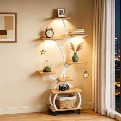 Image de Support à fleurs avec lumière de croissance, 8 niveaux, structure en forme d'escalier, 4 roulettes, hauteur 122 cm/126,5 cm. Étagère métallique pour plantes, idéale pour l'intérieur ou un balcon, de couleur blanche
