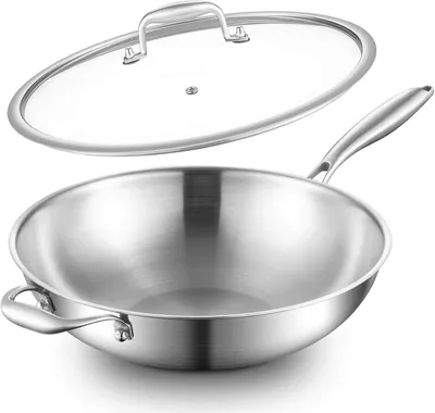 Zdjęcie produktu dla Patelnia woka ze stali nierdzewnej, średnica 30 cm, z pokrywką