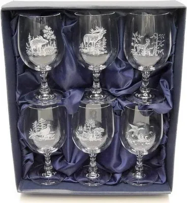 Produktbild von Luxus Weinglas-Set 6-teilig, 14cm hoch, Jagddekoration, in Geschenkbox