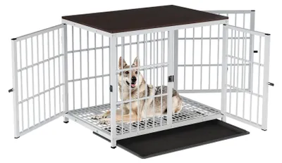 Imagen del producto de Jaula para perros - Transportín para perros - Patio para perros - Jaula para perros - Jaula para perros con superficie de apoyo - Blanca con estructura de metal