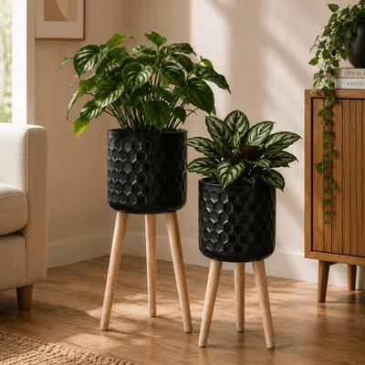 Produktbild von Blumentöpfe 2er Set Schwarz Ø 24,5 x 60 cm & 28 x 67,5 cm mit Füßen