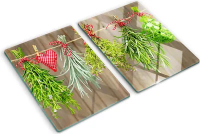 Produktbild von Tulup Glas Herdabdeckplatte - 2x40x52 cm - Glaskeramikkochfeld-Abdeckung Spritzschutz Glasabdeckplatte Kochplattenabdeckung und Schneidebrett - Zweiteilig - Essen & Getränke - Kräuter Schnur - Grün