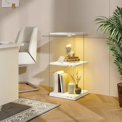 Immagine prodotto di REMZETTA, vetrina girevole a 360° con illuminazione a LED, dimensioni 38 x 38 x 82 cm, vetrina in vetro con 2 ripiani e pareti trasparenti, ideale per collezionisti di figure e oggetti decorativi, colore bianco