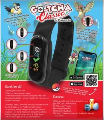 A promotional image for the GO-TCHA Classic for Pokemon Go device, showing the device, its features, and related app interface on a smartphone.