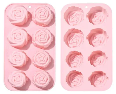Immagine prodotto di 2 stampi in silicone a forma di rosa, ideali per creare decorazioni floreali in fondant. Dimensioni: 211 x 124 x 26 mm