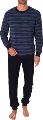 Produktbild von Eleganter Herren langarm Frottee Schlafanzug Pyjama mit Bündchen - auch in Übergrößen ; blau-mel. , 60