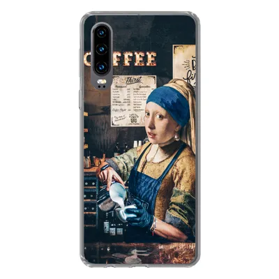 Produktbild von MuchoWow® Handyhülle Schutzhülle Hülle für Huawei P30 Mädchen mit Perlenohrring - Cappuccino - Barista - Vermeer - Kaffee - Gemälde Silikon Softcase Handy Hülle - Kartenbesitzer