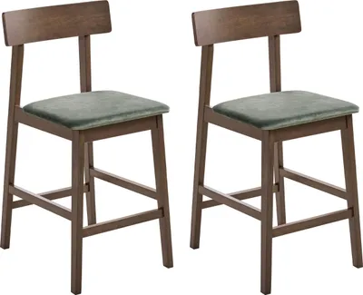 Produktbild von BELIANI Barstuhl 2er Set Dunkelbraun u. Grün Gummibaumholz mit Hoher Lehne Sitzpolster Fußstütze ohne Armlehnen Retro Barhocker Küche Tresenstuhl