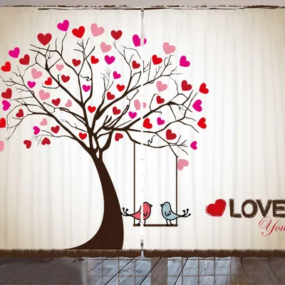 Produktbild von ARANDE Liebe Gardine, Herz verlässt auf Baum mit Vögeln in der Liebe auf einer Schwingen-netten Karikatur für Valentinsgruß-Tag, 280 x 260 cm, Mehrfarbig