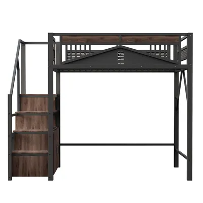 Produktbild von Merax Hochbett 140x200 cm mit Treppenstauraum und Schrank, Etagenbett Tragkraft 120 kg, Modernes Loftbett für Jugendliche & Erwachsene, Schwarz