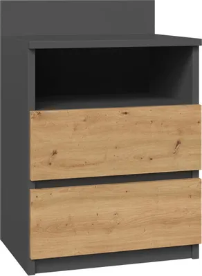 A modern nightstand with two drawers and an open shelf.